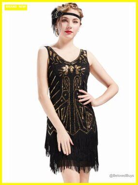 1920s Gatsby Flapper Dress Beaded Sequin Fringe V Neck Midi